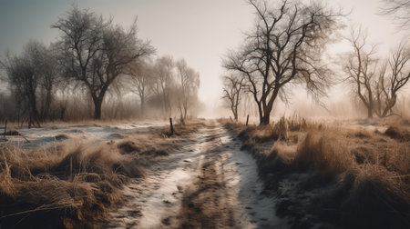 Foggy winter landscape with trees and dirt road in the countrysideの素材