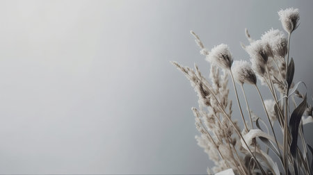 Bouquet of dry grass with snowflakes on gray backgroundの素材