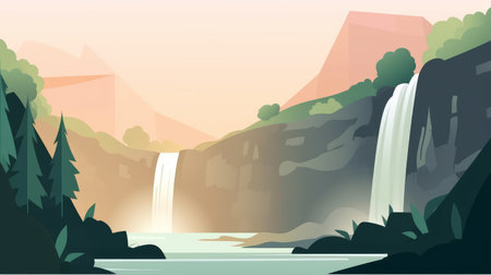 Waterfall in the mountains. Vector illustration in a flat style.の素材
