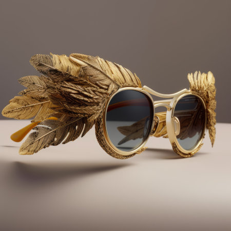 Vintage sunglasses with feathers on a gray background. 3d renderingの素材