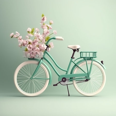 Bicycle with a basket of flowers on a green background. 3d renderingの素材