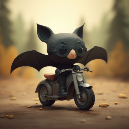Cute bat on a motorcycle in the forest. Halloween concept.の素材