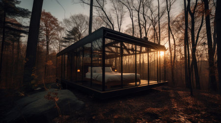 3d rendering of a wooden bed in the forest at sunrise.の素材