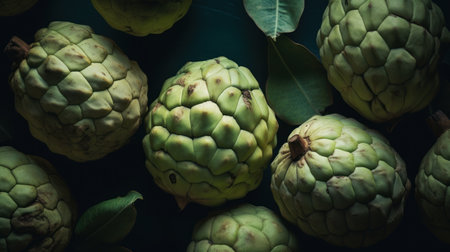 Custard apple or Morinda citrifolia on dark backgroundの素材
