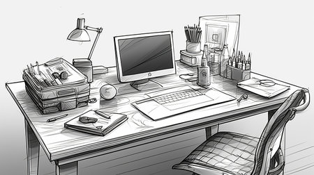 workplace with computer, books, lamp, pencils, stationery, sketchの素材