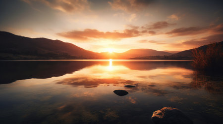 Beautiful sunrise over the lake. Beautiful landscape with mountains and lake.の素材