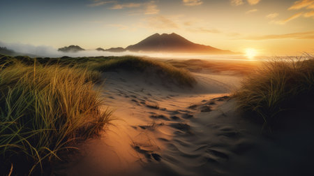 Beautiful sunset over the sea with mountains and sand dunes.の素材