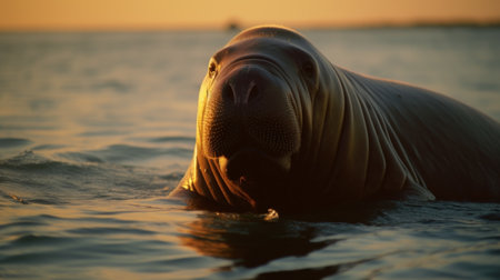 Walrus in the ocean at sunset. California. United States.の素材