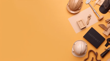 Flat lay composition of construction tools on orange background with copy spaceの素材