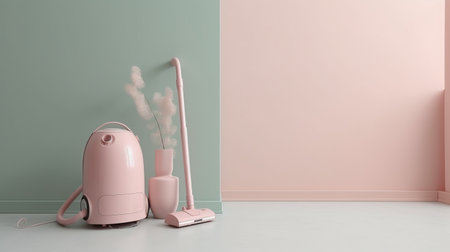 Modern pink vacuum cleaner on the floor in the room. 3d renderingの素材