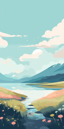 Landscape with lake and mountains. Vector illustration in flat style.の素材