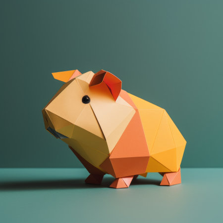 Paper origami piggy bank on green background. 3d renderingの素材