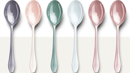 Colorful spoons on white and gray background. Vector illustration.の素材