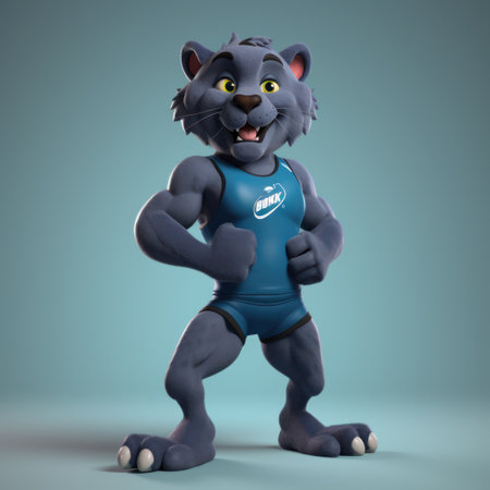 Funny cartoon tiger in a blue suit. 3D illustration.の素材