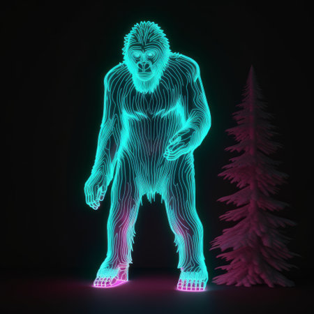 experience the thrill of bigfoot like never before with our 3d model featuring a stunning neon glow effect. perfect for collectors and enthusiasts alike. ai generatedの素材
