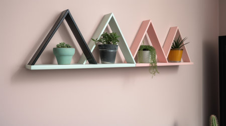 Interior design concept - modern shelf with plants in pots on pink wallの素材