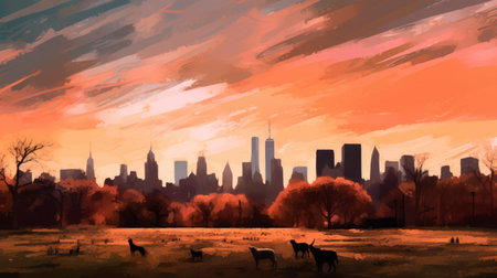 New York City skyline at sunset with silhouettes of animals. Digital painting.の素材