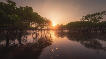 sunset in the mangrove forest, 3d render illustrationの素材