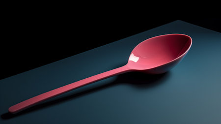 Red plastic spoon on a black background. 3d render illustration.の素材