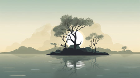 Silhouette of tree on island in the sea. Vector illustrationの素材