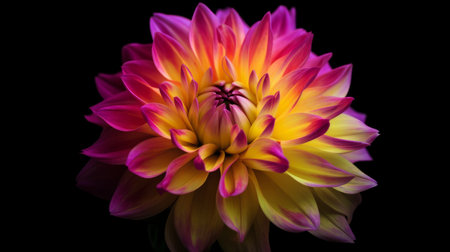 Colorful dahlia flower isolated on black background with reflection.の素材