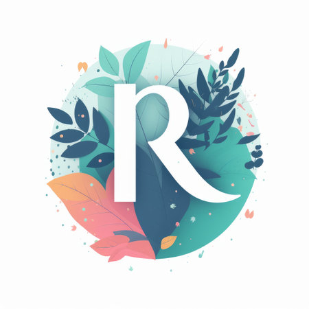 Creative vector illustration of letter R in floral frame with leaves.の素材