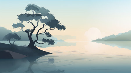 Pine tree in the lake. Landscape with a lake. Vector illustration.の素材
