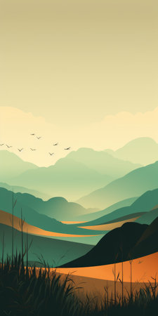 experience the beauty of a minimalist mountain landscape in boho art style, featuring lush grasslands and serene mountain peaks. ai generatedの素材
