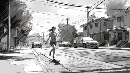 Young woman jogging on the street. Black and white illustration.の素材