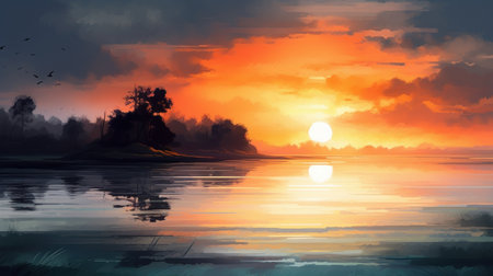 Beautiful sunset over the lake. Digital painting. Illustration.の素材