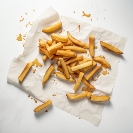 french fries on a white background, top view, fast foodの素材