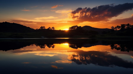 Sunset over a lake in the countryside of Tasmania, Australia.の素材