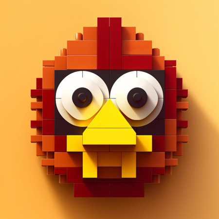 Funny bird made of red and yellow blocks. 3d illustrationの素材