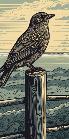 Hand drawn illustration of a bird sitting on a wooden post on the beach.の素材