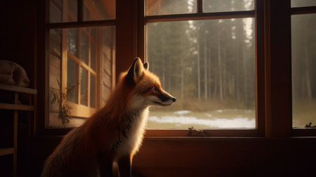 a curious fox is peering outside from a cozy cabin, taking in the sights and sounds of the surrounding wilderness. ai generatedの素材