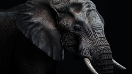 Elephant on a black background, close-up, low keyの素材