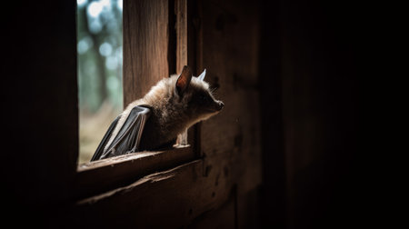 A bat with a book is sitting in the window. Selective focus.の素材