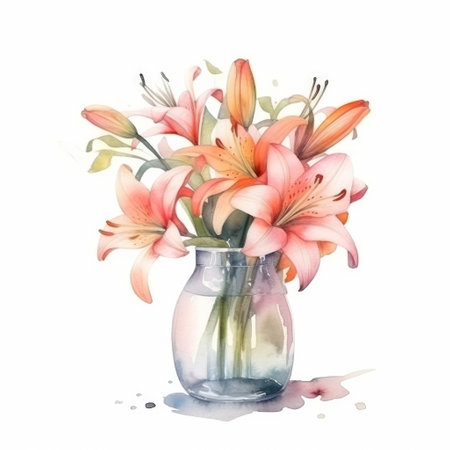a stunning watercolor painting of a lily bouquet in a vase, set against a clean white background. the delicate brushstrokes and vibrant colors bring the flowers to life. ai generatedの素材
