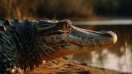 Close up of a crocodile head on the bank of a lakeの素材
