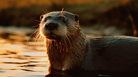 Otter swimming in the water at sunset. Animal portrait.の素材