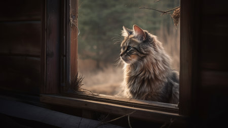 Siberian cat sitting in front of the window in the winterの素材