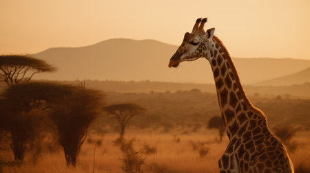 Giraffe at sunset in Serengeti National Park, Tanzaniaの素材
