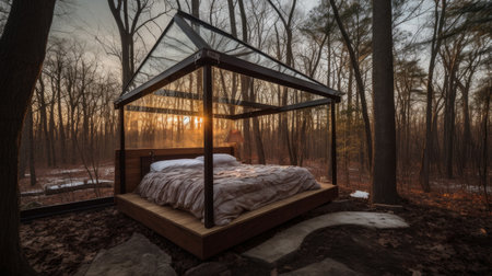 Wooden bed in the forest at sunset. The concept of rest and relaxation.の素材
