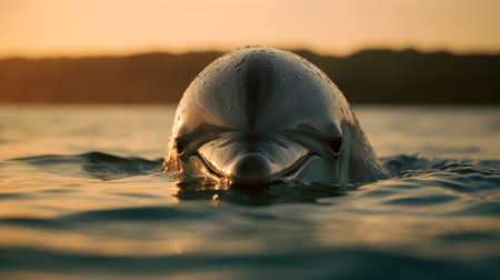Dolphin in the water at sunset. Close-up of a dolphin's head.の素材