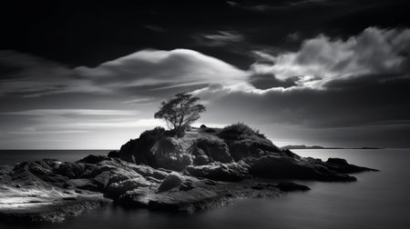 beautiful seascape with a lonely tree on a rock at nightの素材