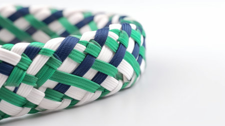 Close up of green and blue rope on white background with copy spaceの素材