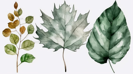 Set of watercolor leaves on a white background. Vector illustration.の素材