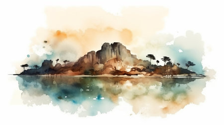 Watercolor painting of tropical island in Thailand. Digital art painting.の素材