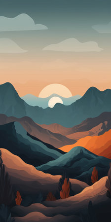 Mountain landscape with forest and sunset. Vector illustration in cartoon styleの素材