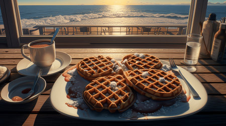 Breakfast with waffles and coffee on a wooden table by the seaの素材